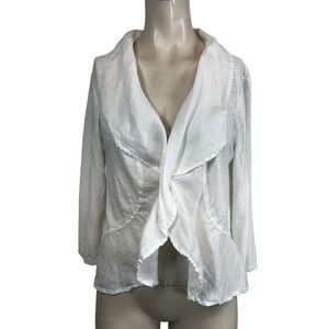 CUT-LOOSE - WOMEN'S MEDIUM - WHITE DRAPE COLLAR OPEN FRONT LINEN BLEND CARDIGAN
